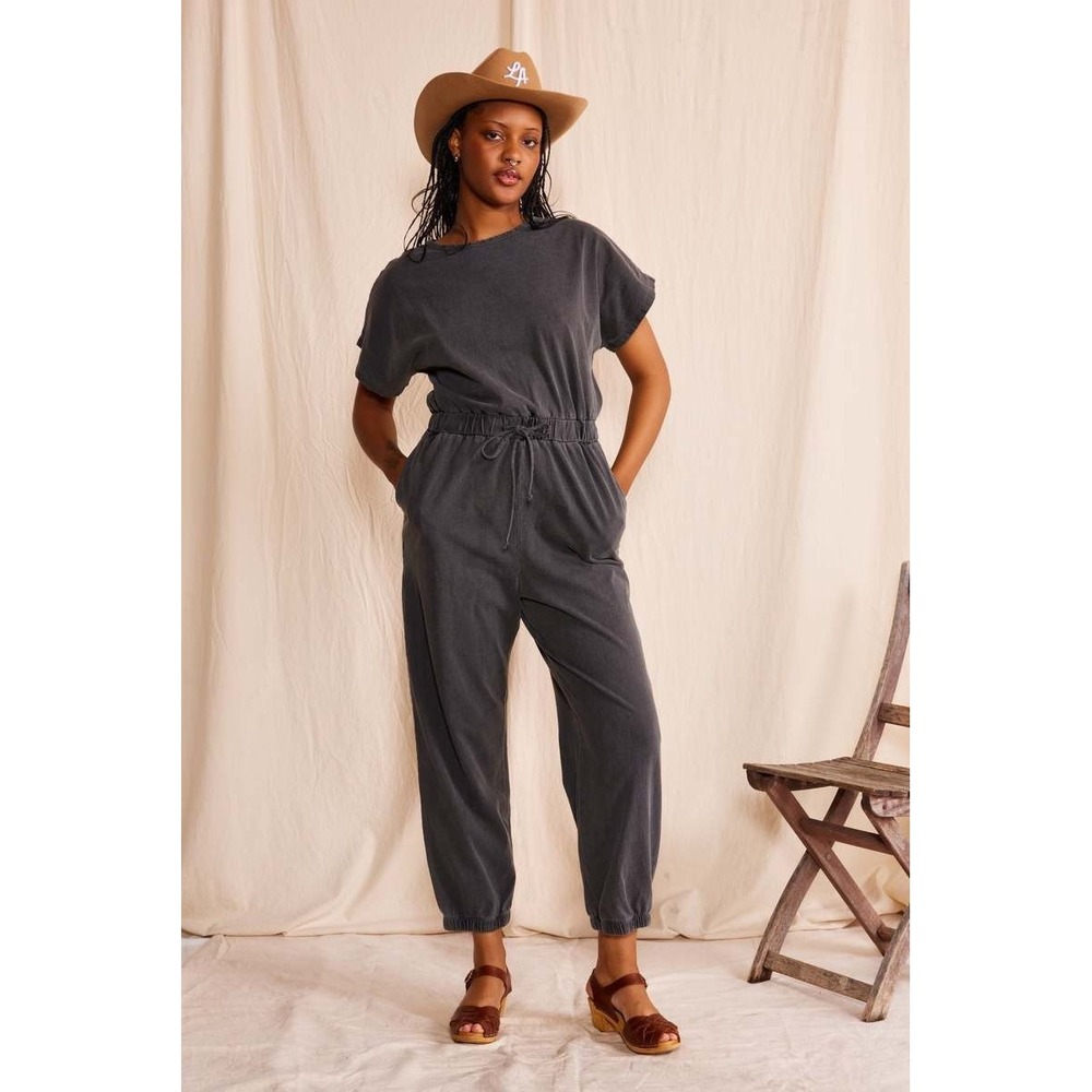 People of Leisure RY Jumpsuit L Charcoal Gray Drawstring Waist Made in LA Boho
